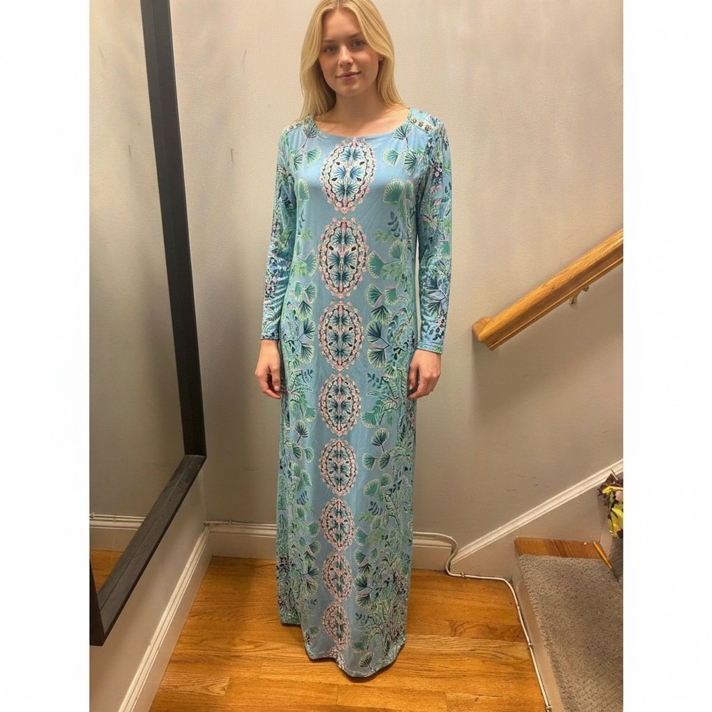 Lilly Pulitzer Maxi Dress Womens M Blue Floral Long Sleeve Shoulder Button
